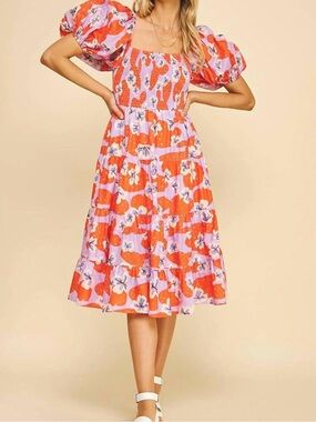 Pinch Smocked Floral Maxi Dress - Red & Purple